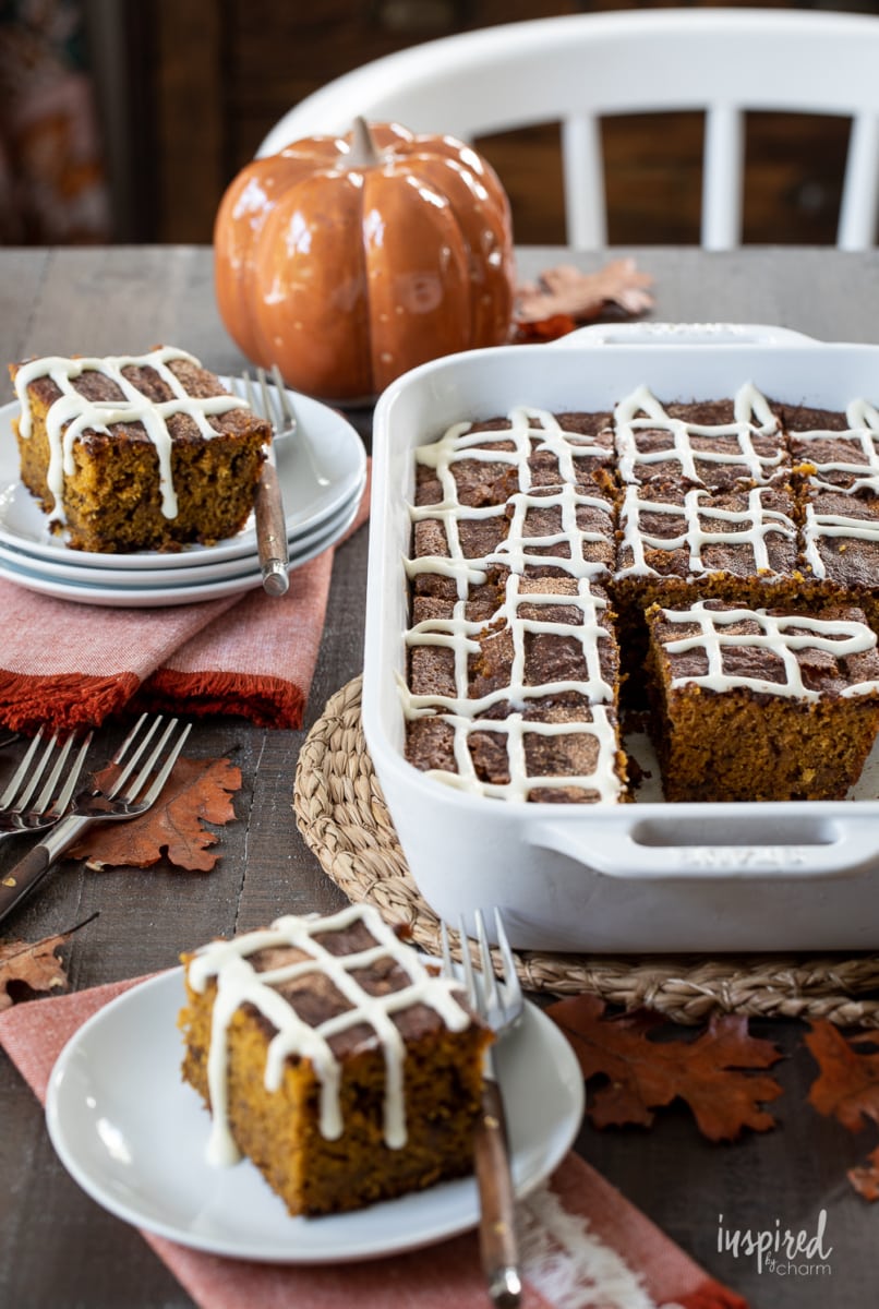 pumpkin snack cake served on a table.