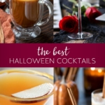 collage of four halloween cocktails in glasses.