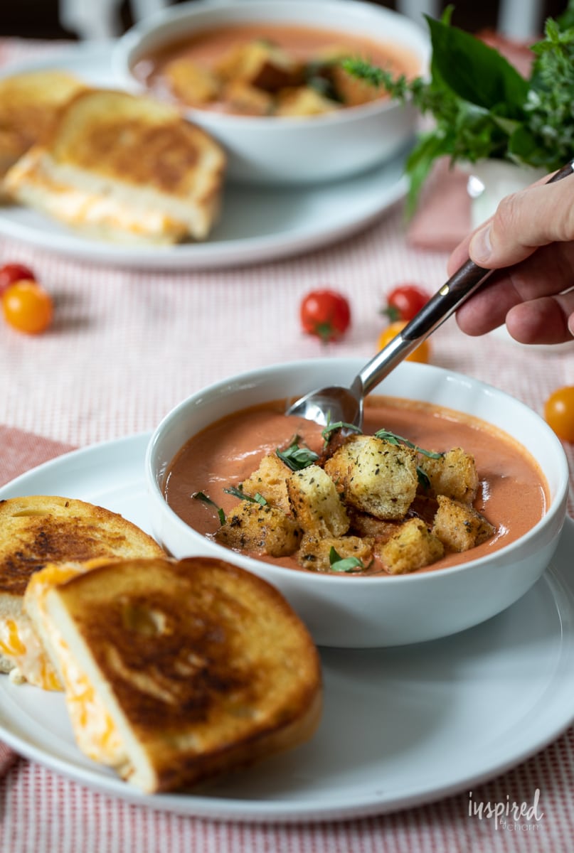 tomato basil soup with grilled cheese.
