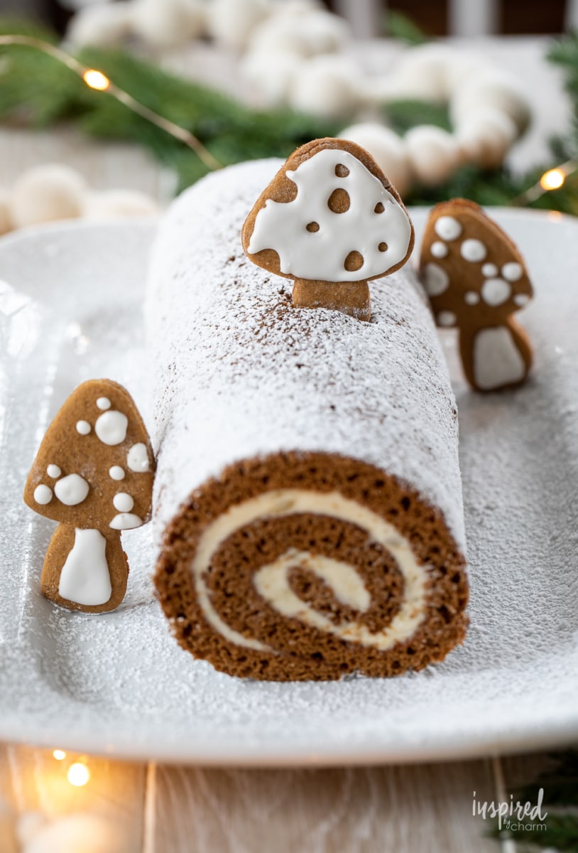 Gingerbread Swiss Cake Roll on a platter.