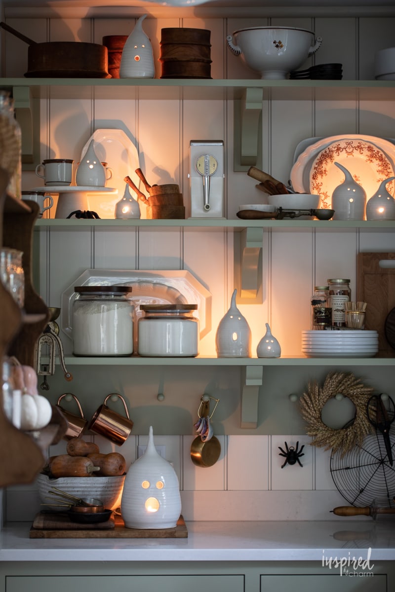 kitchen butlers pantry decorated for halloween.