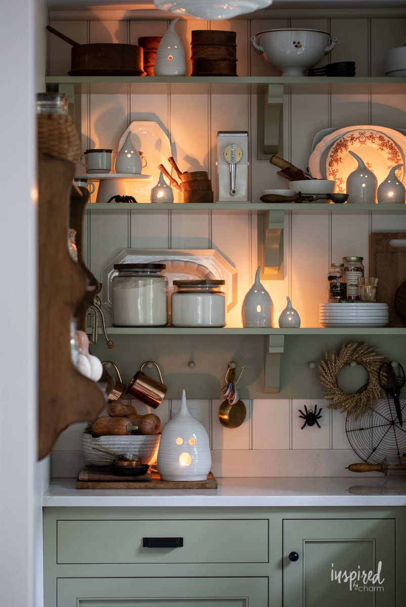 kitchen butlers pantry decorated for halloween.