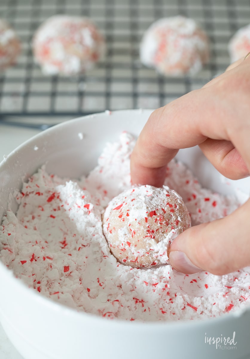 rolling Cherry Walnut Snowball Cookies in confectioners' sugar.