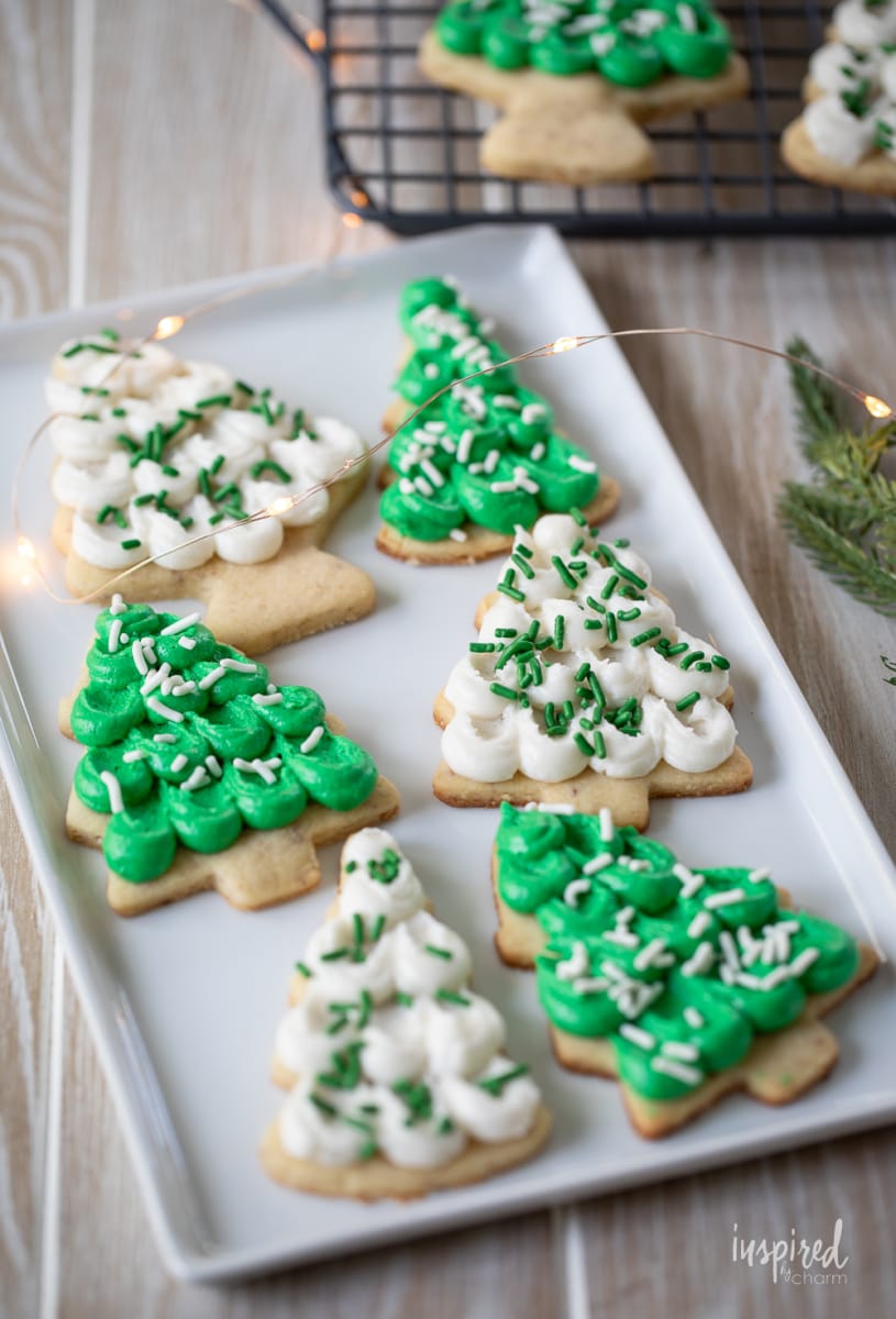 pine tree shaped frosted almond sugar cookies.