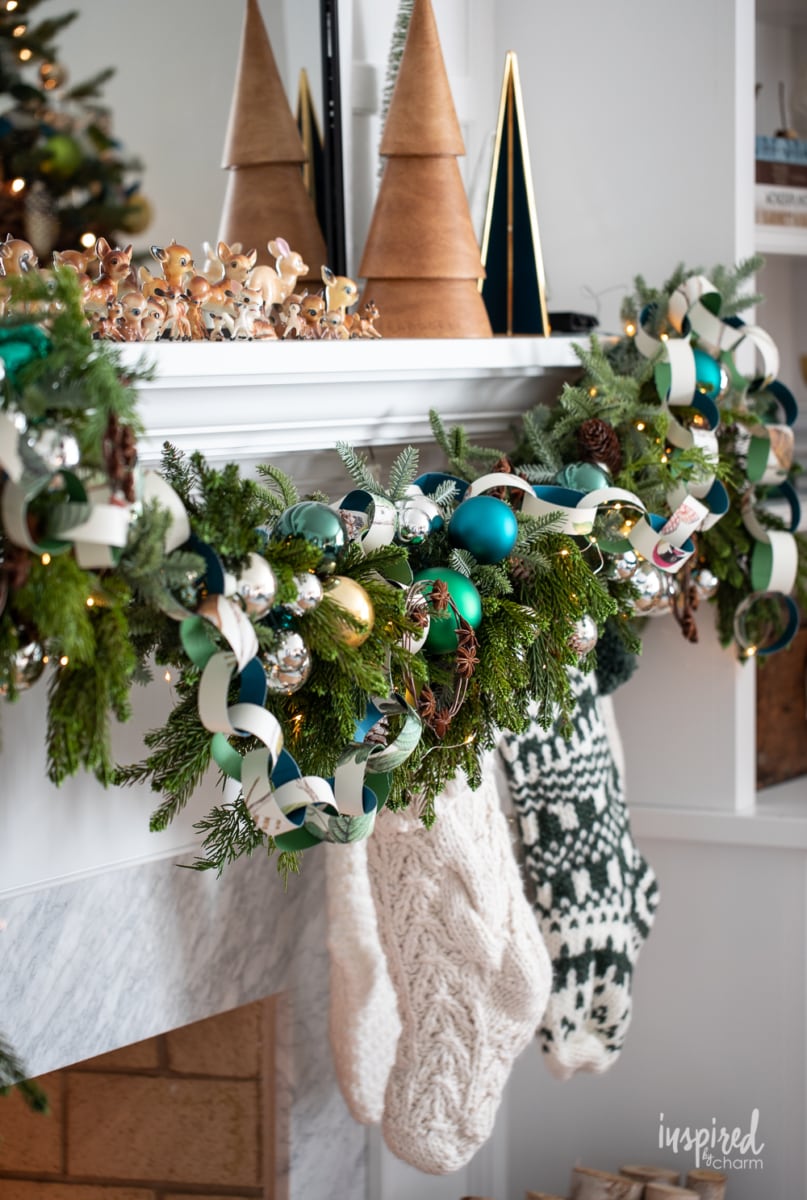close up of Christmas mantel garland.