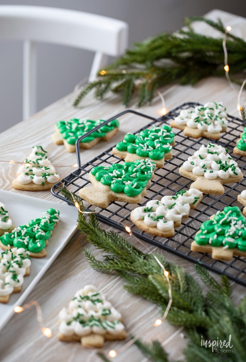 pine tree shaped frosted almond sugar cookies.