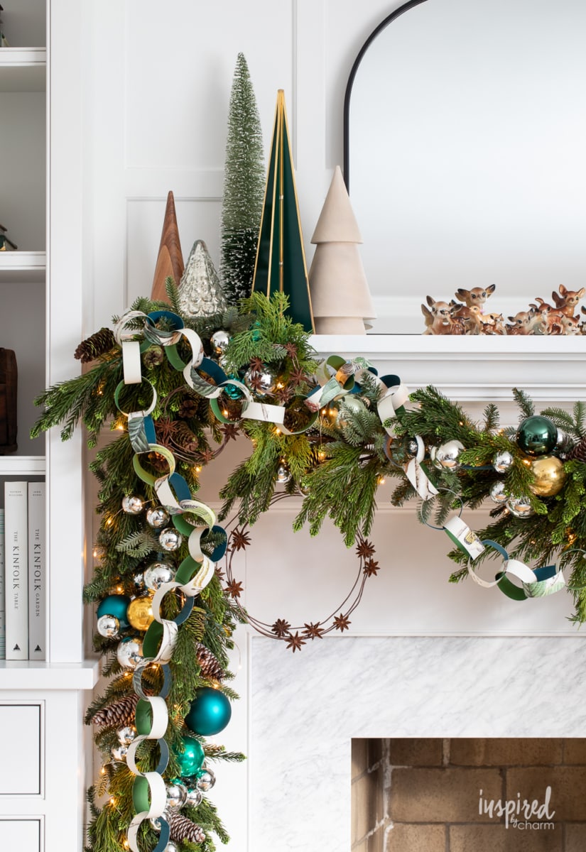 christmas with garland and decorative trees.