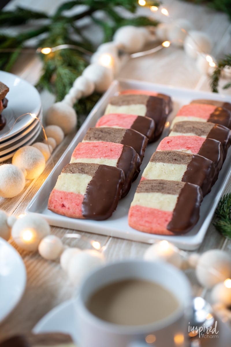 Neapolitan Cookies in two rows on a plate.