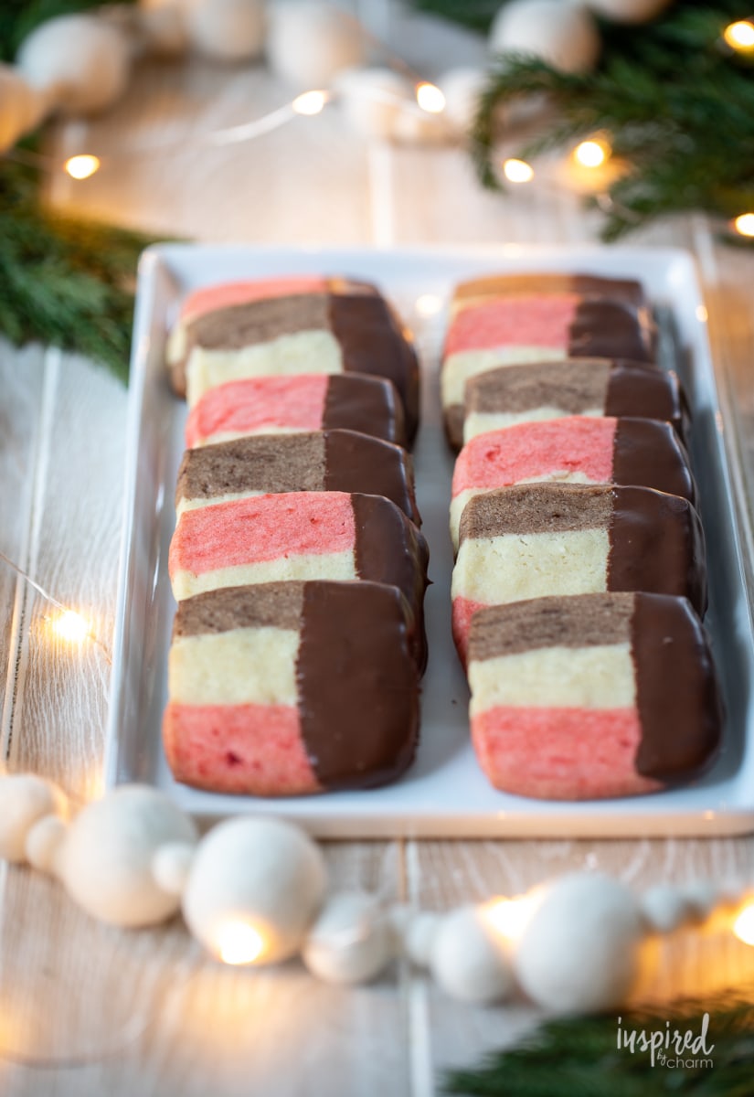 Neapolitan Cookies in two rows on a plate.