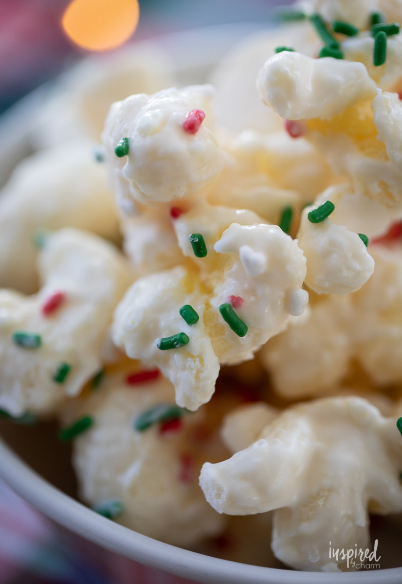 White Chocolate Puff Corn with sprinkles in a bowl.