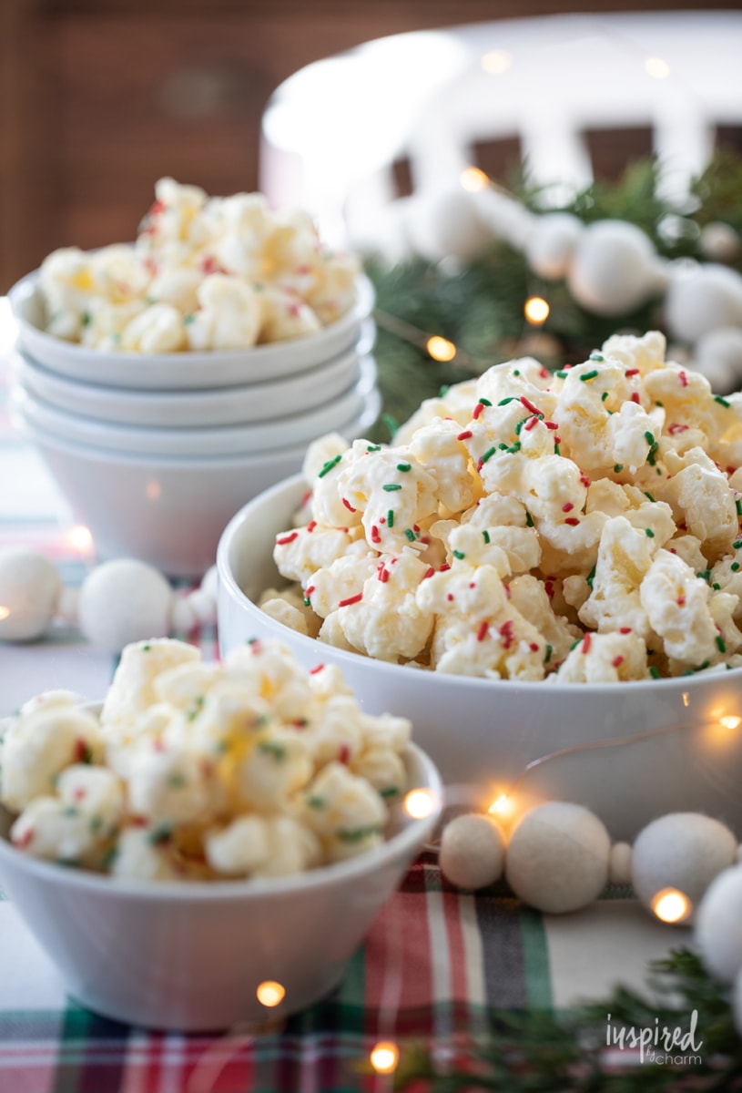White Chocolate Puff Corn with sprinkles in a bowl.