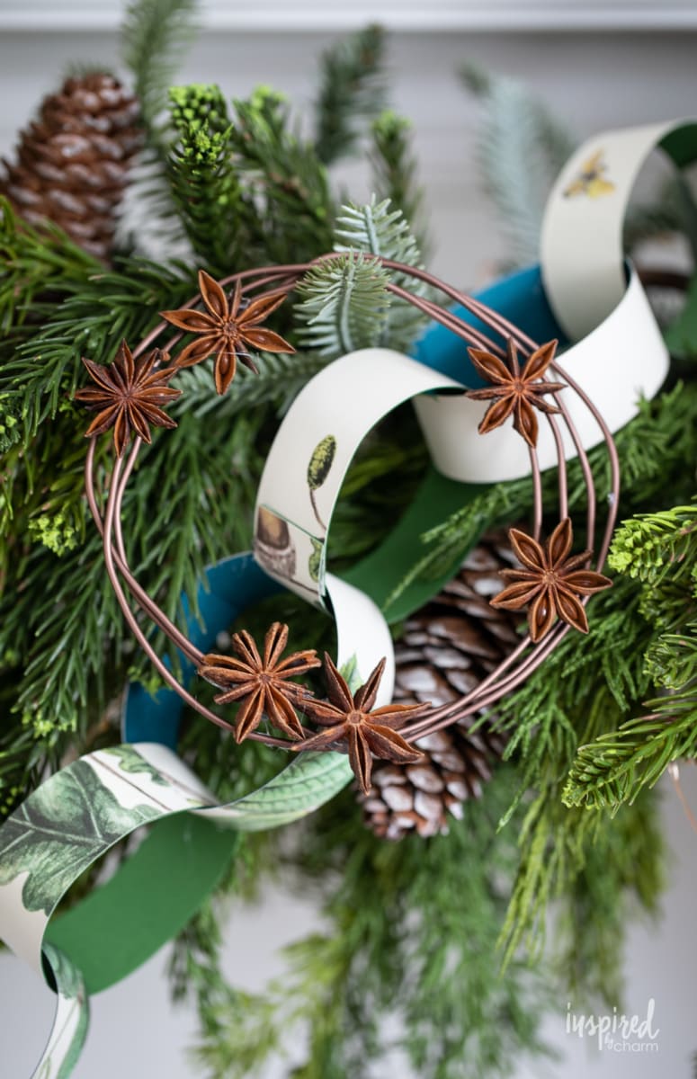 star anise wreath on mantel garland.