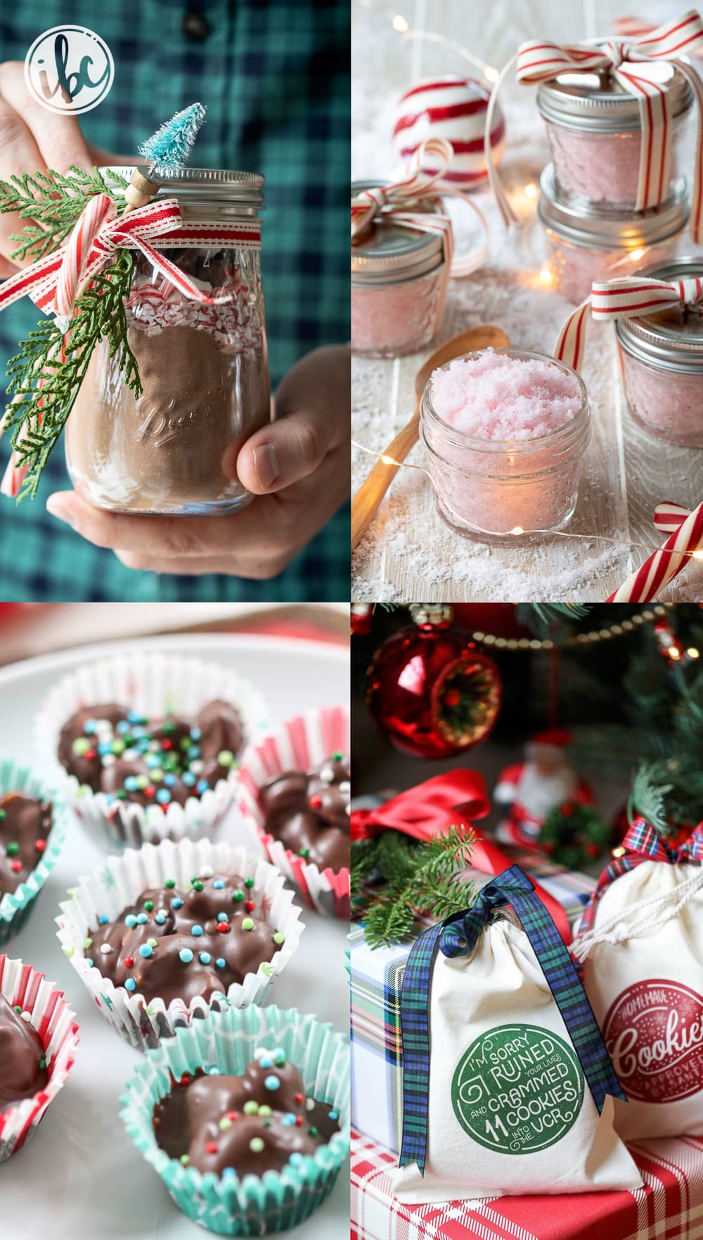 four holiday christmas gift ideas with candy, hot cocoa and peppermint scrub.