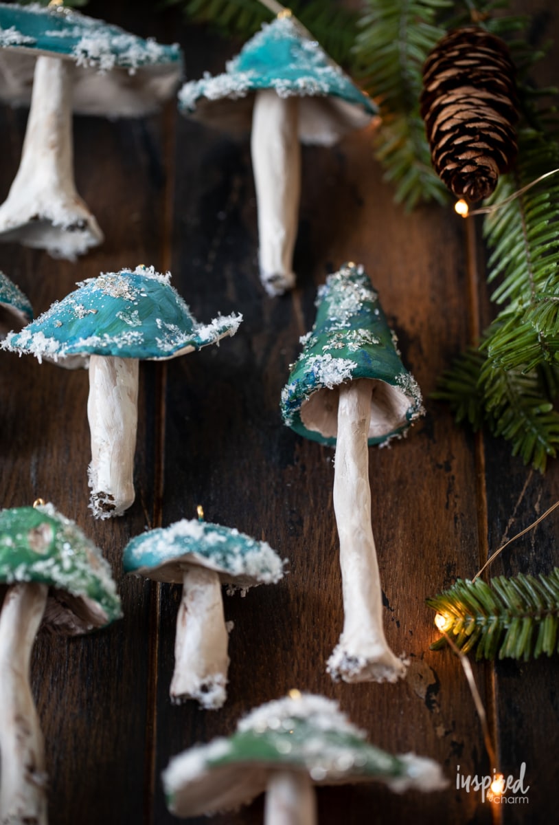 handmade mushroom ornaments on a table. 