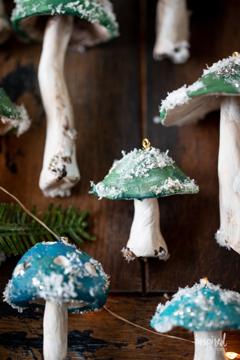 DIY Clay Mushroom Ornament on a Christmas tree.