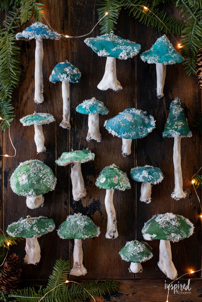 collection of mushroom ornaments on a table. 
