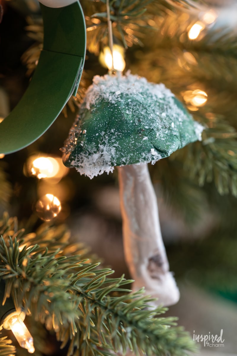 DIY Clay Mushroom Ornament on a Christmas tree.
