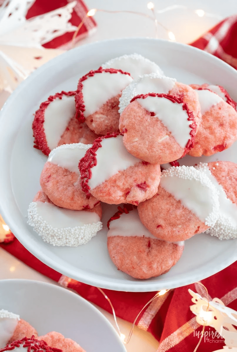 A plate of cherry chocolate cookies made with white chocolate.