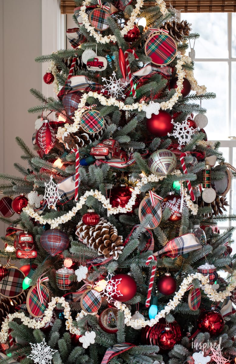 close up of decorated Christmas tree. 