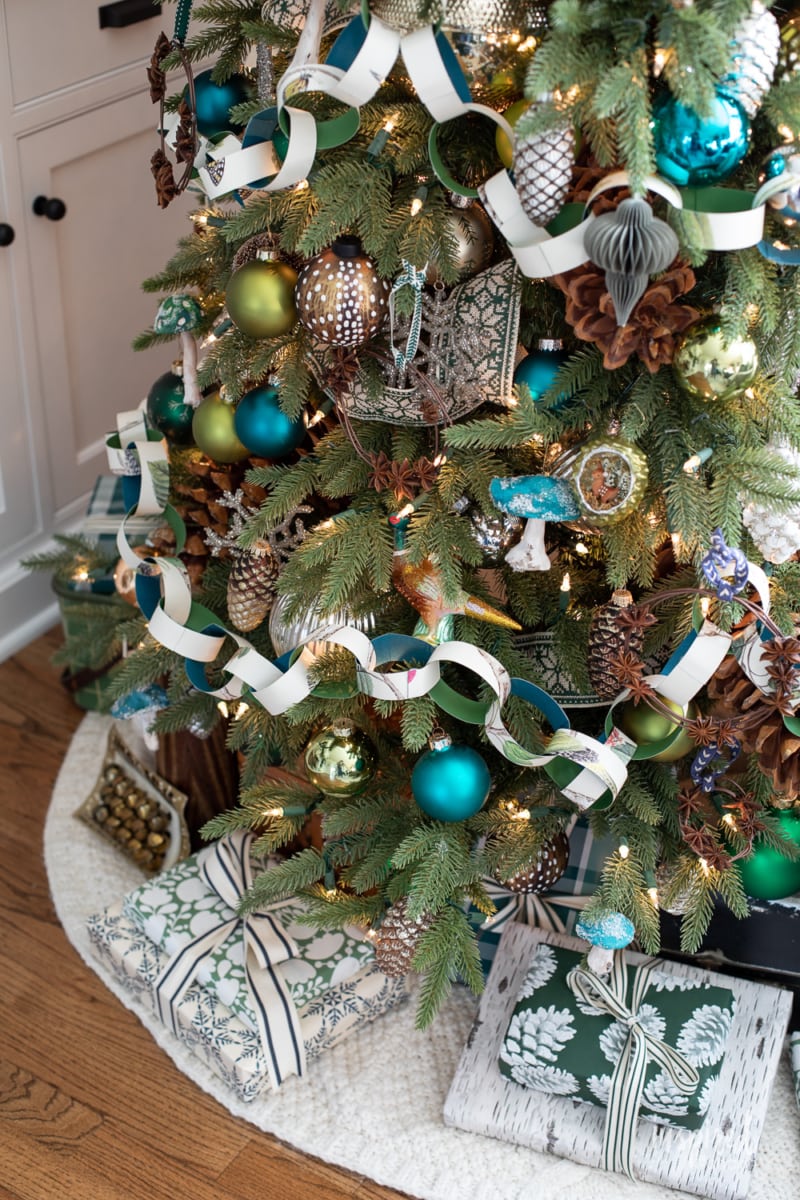 close up of christmas tree with handmade decor.