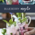 blueberry mojito with fresh mint on polka dot napkin.