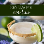 key lime pie martini in a glass with a lime garnish Pinterest image.