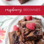 Homemade Raspberry Brownies on a platter with fresh raspberries.