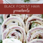black forest ham pinwheels on a platter.