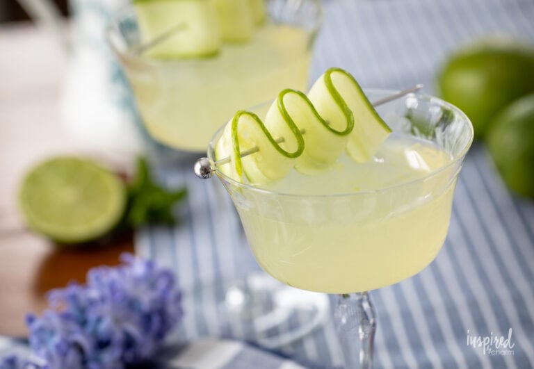 cucumber martini in coupe glass.