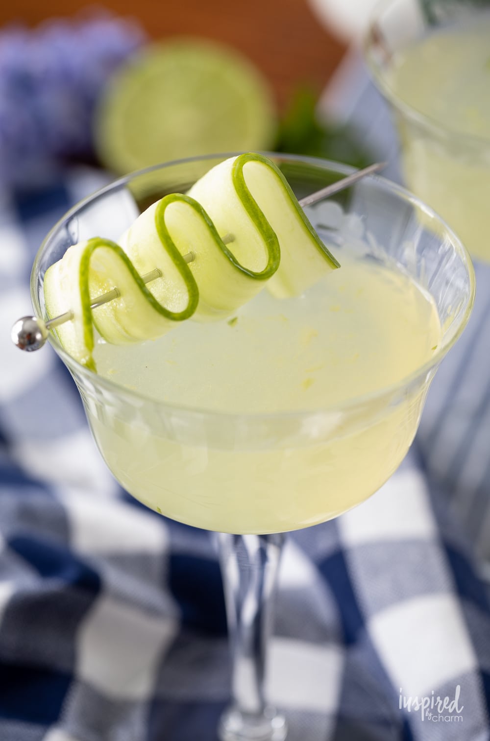 close up of cucumber martini in coupe glass.