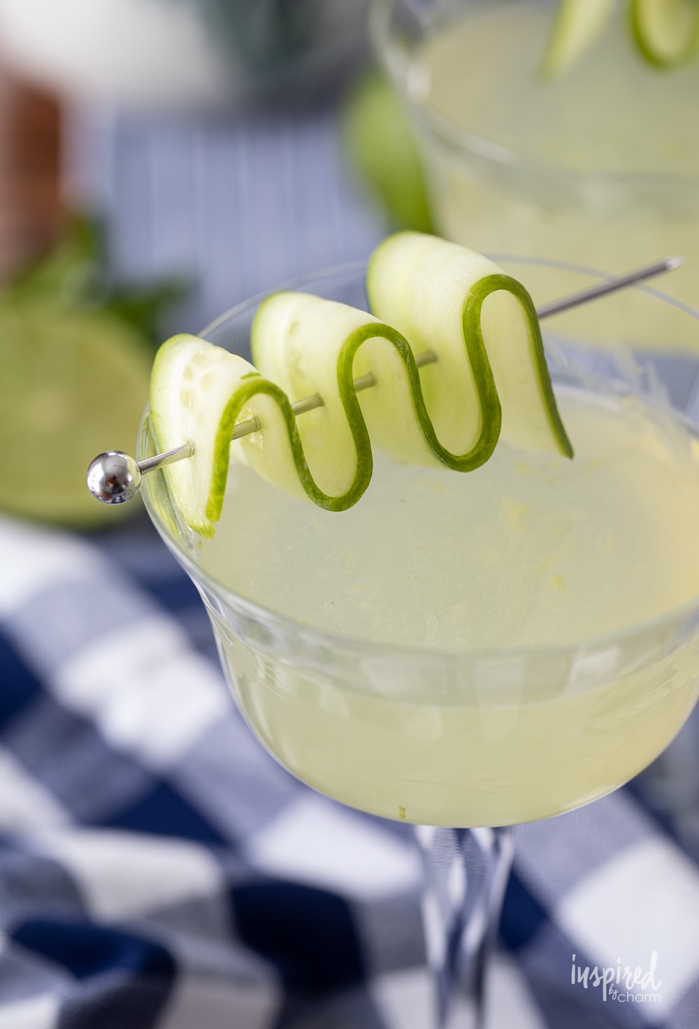 close up of cucumber martini in coupe glass.