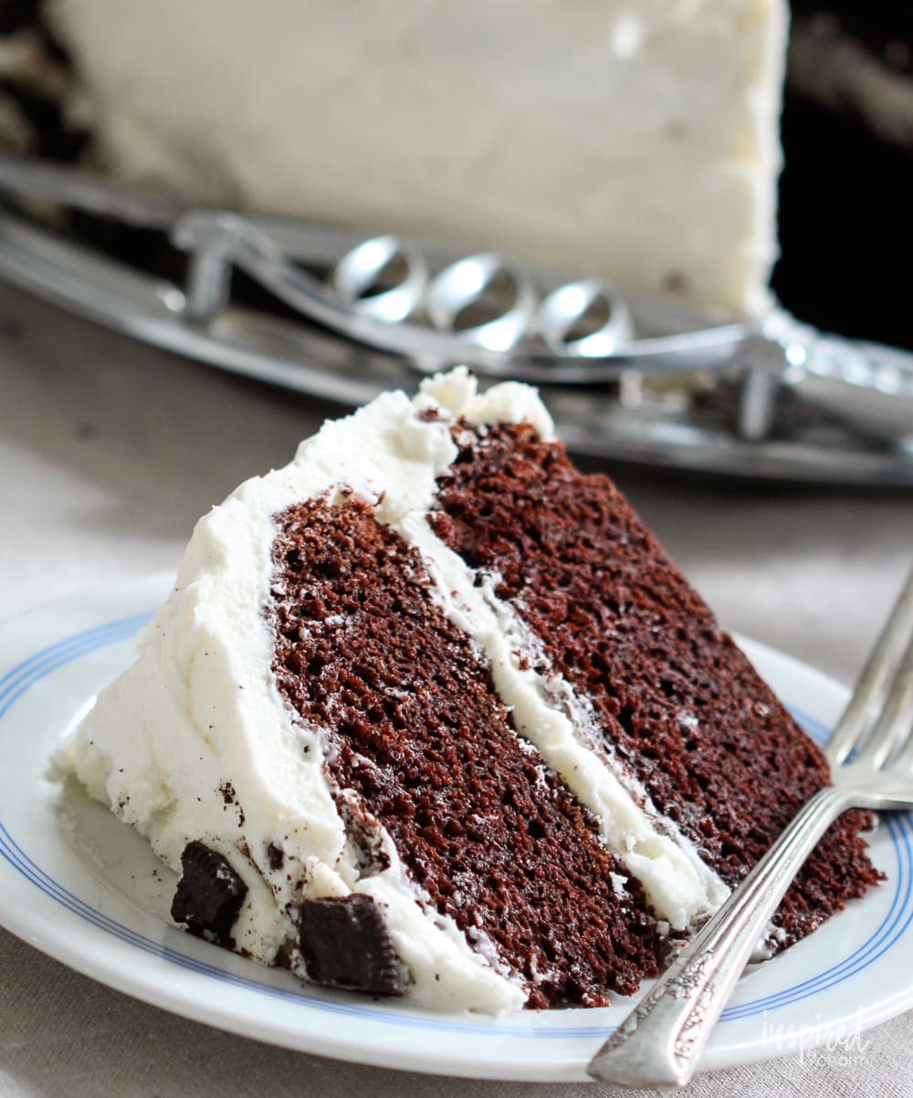 piece of cookies and cream cake on a plate.