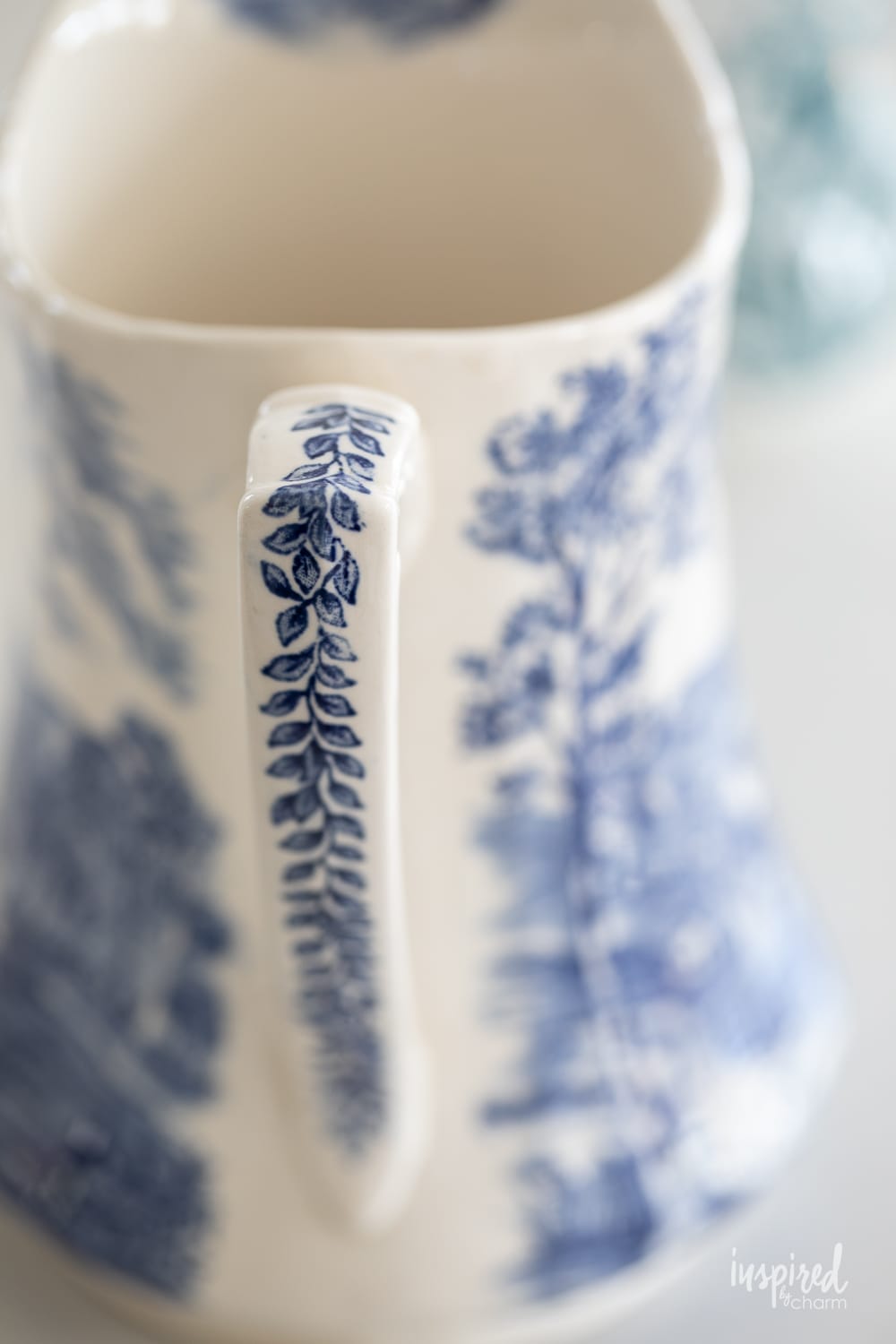 close up of transferware pitcher handle.