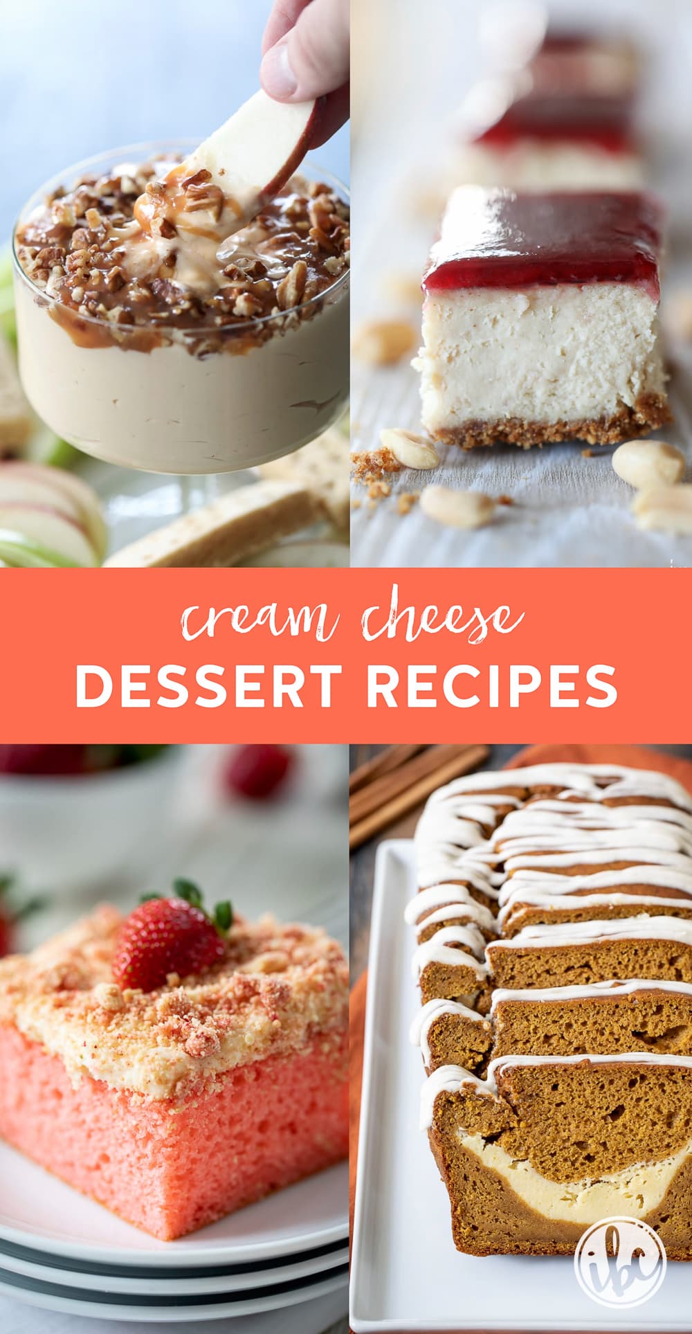 four cream cheese desserts Pinterest image with title text.