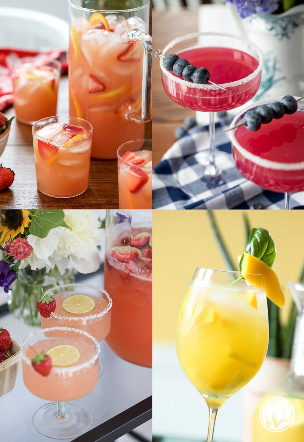 four of the best summer cocktail images of sangria, martinis, and a margarita.