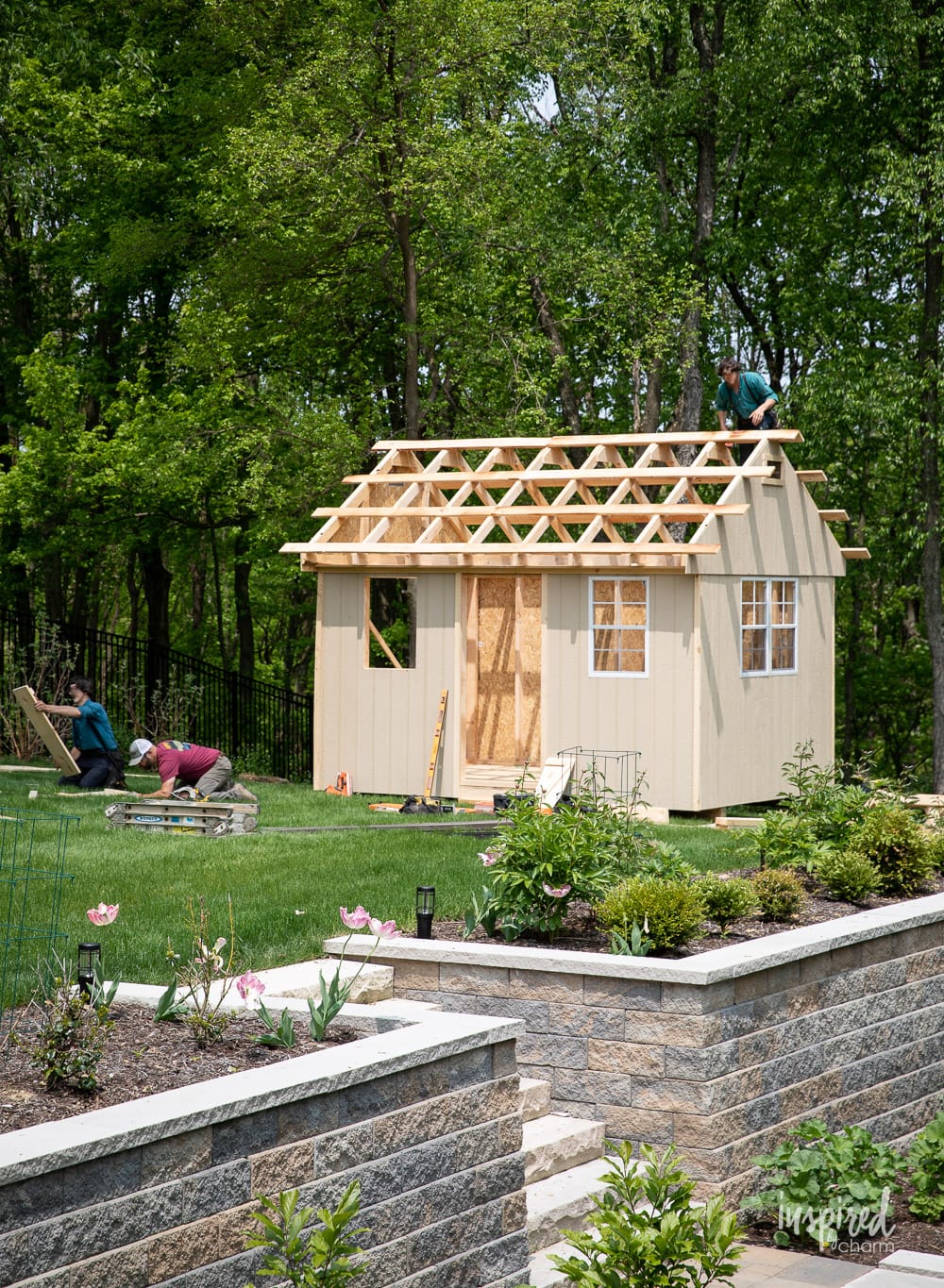 building a shed in a backyard.