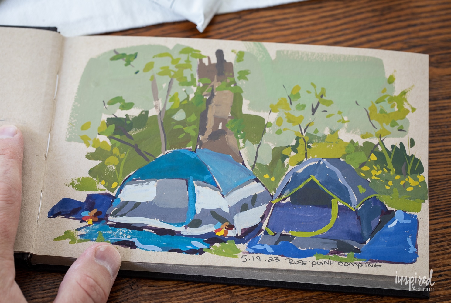 gouache painting of two tents.