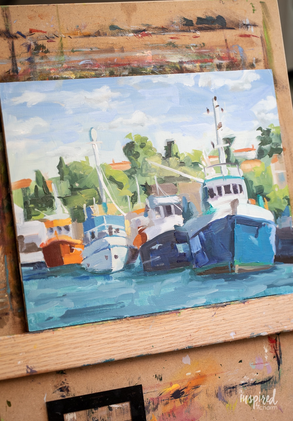 oil painting of boats.