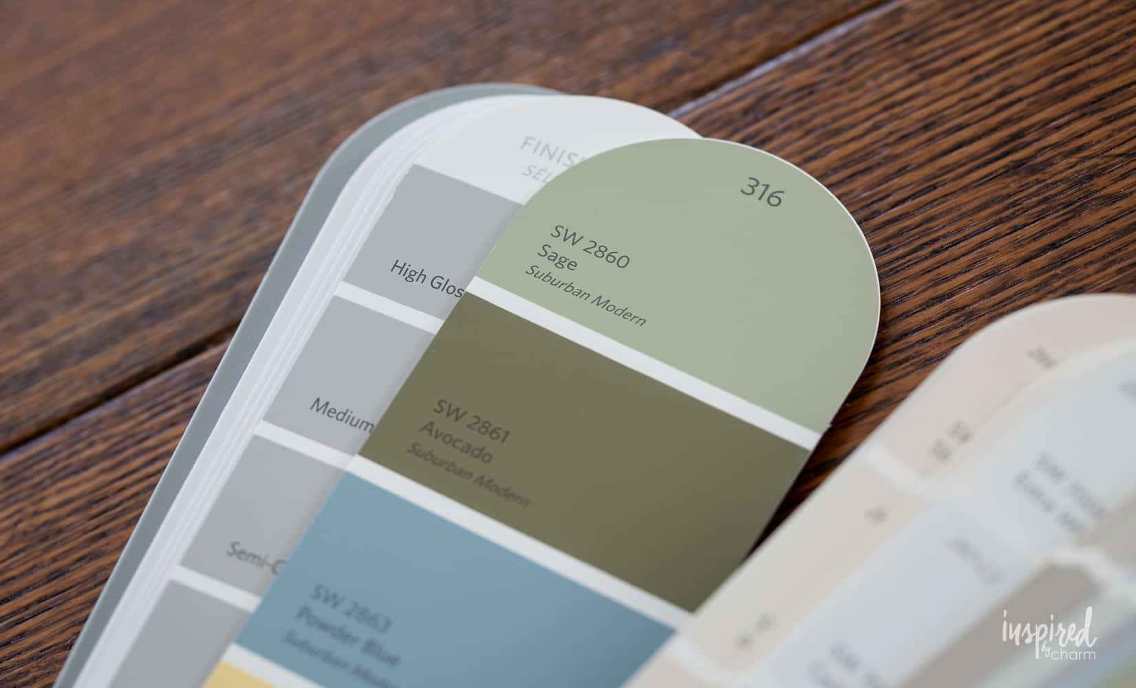 close up of paint swatch color card for Sherwin-Williams sage.