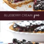 blueberry cream pie in a pie dish with one slice on a white plate.