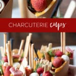 the best charcuterie cups with and up close picture and a picture with a hand taking one.