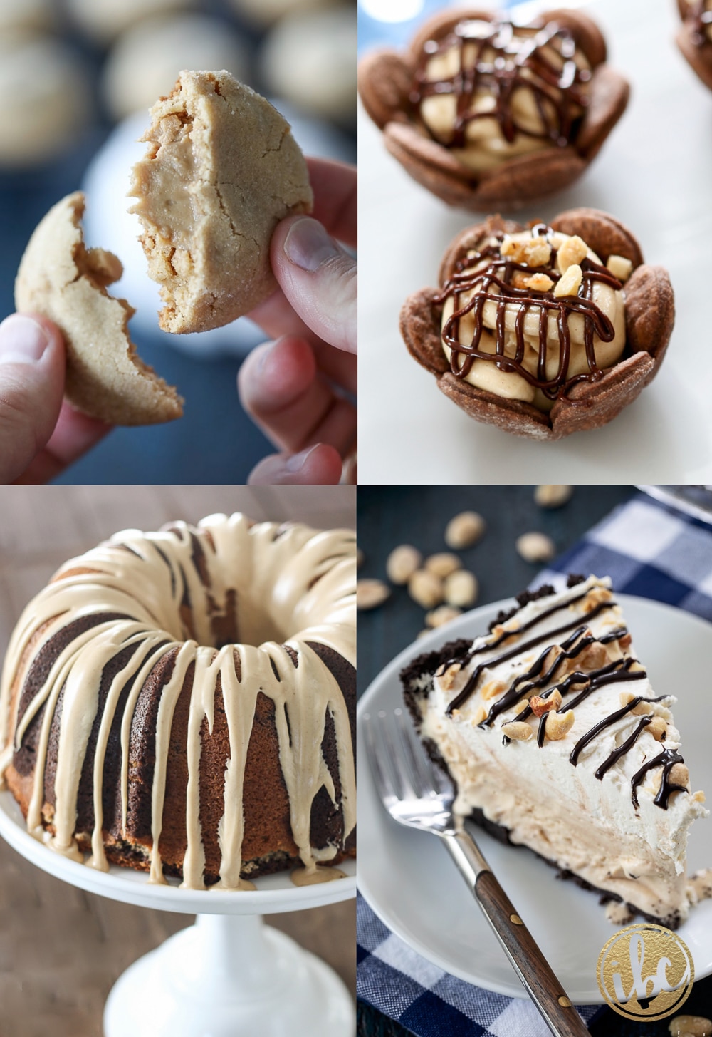 four peanut butter desserts including cookies, pie, and cake.