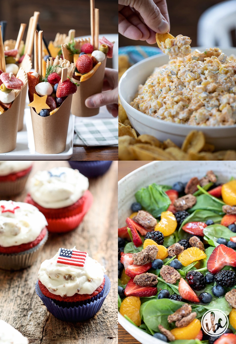 four of the best 4th of July recipes including dips, salad, cupcakes, and appetizer.