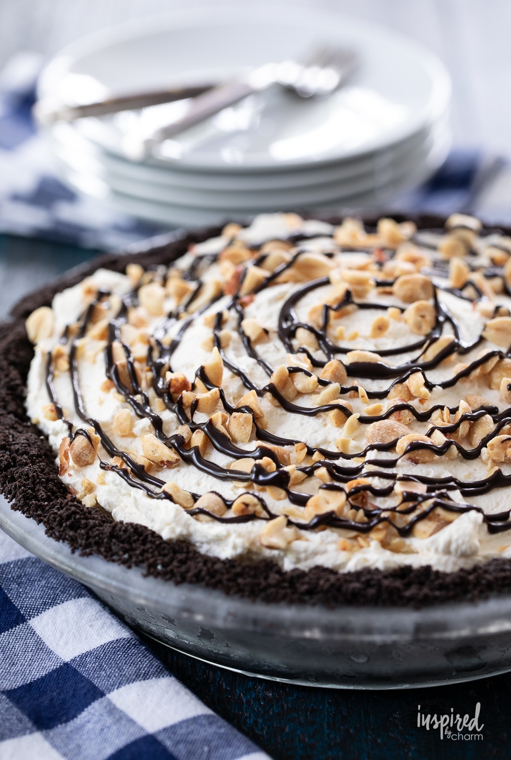 whole peanut butter ice cream pie drizzled with chocolate and topped with peanuts.