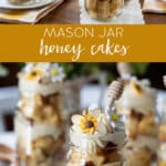 Adorable Mason Jar Honey Cakes with edible sugar flower garnish.