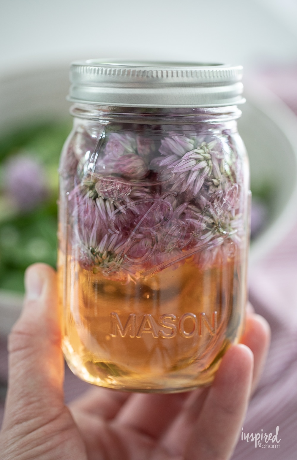 hand holding jar of chive blossom vinegar.