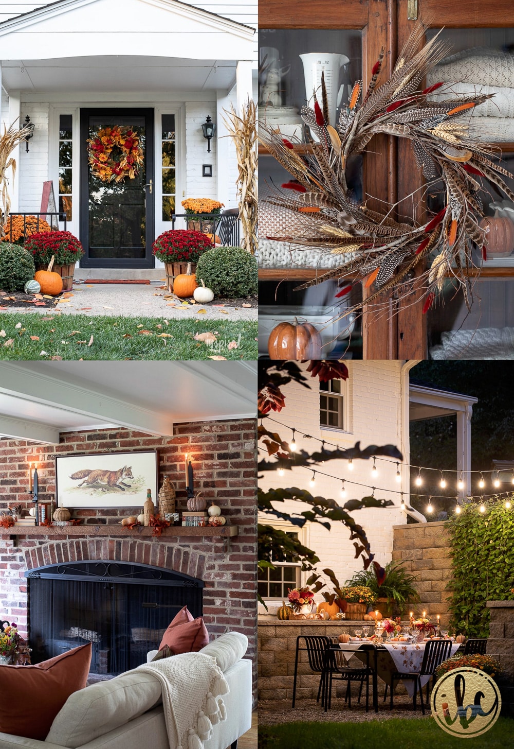 photo collage of four beautifully decorate spaces for fall and autumn.
