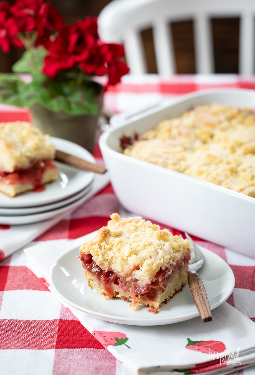 strawberry rhubarb coffee cake in a pan and serve on two plates. 