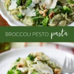 serving of broccoli pasta salad on a plate with a platter of more in the background pinterest image.