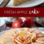fresh apple cake decorated with apple slices with a piece served on a small plate.